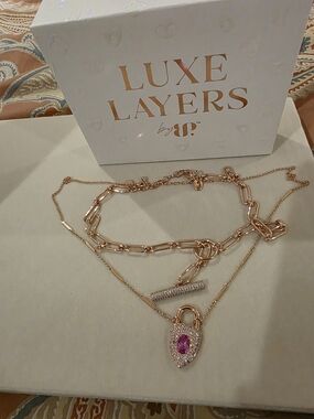 Bp Luxe Rose Gold Layered Padlock Necklace with Pink Stone